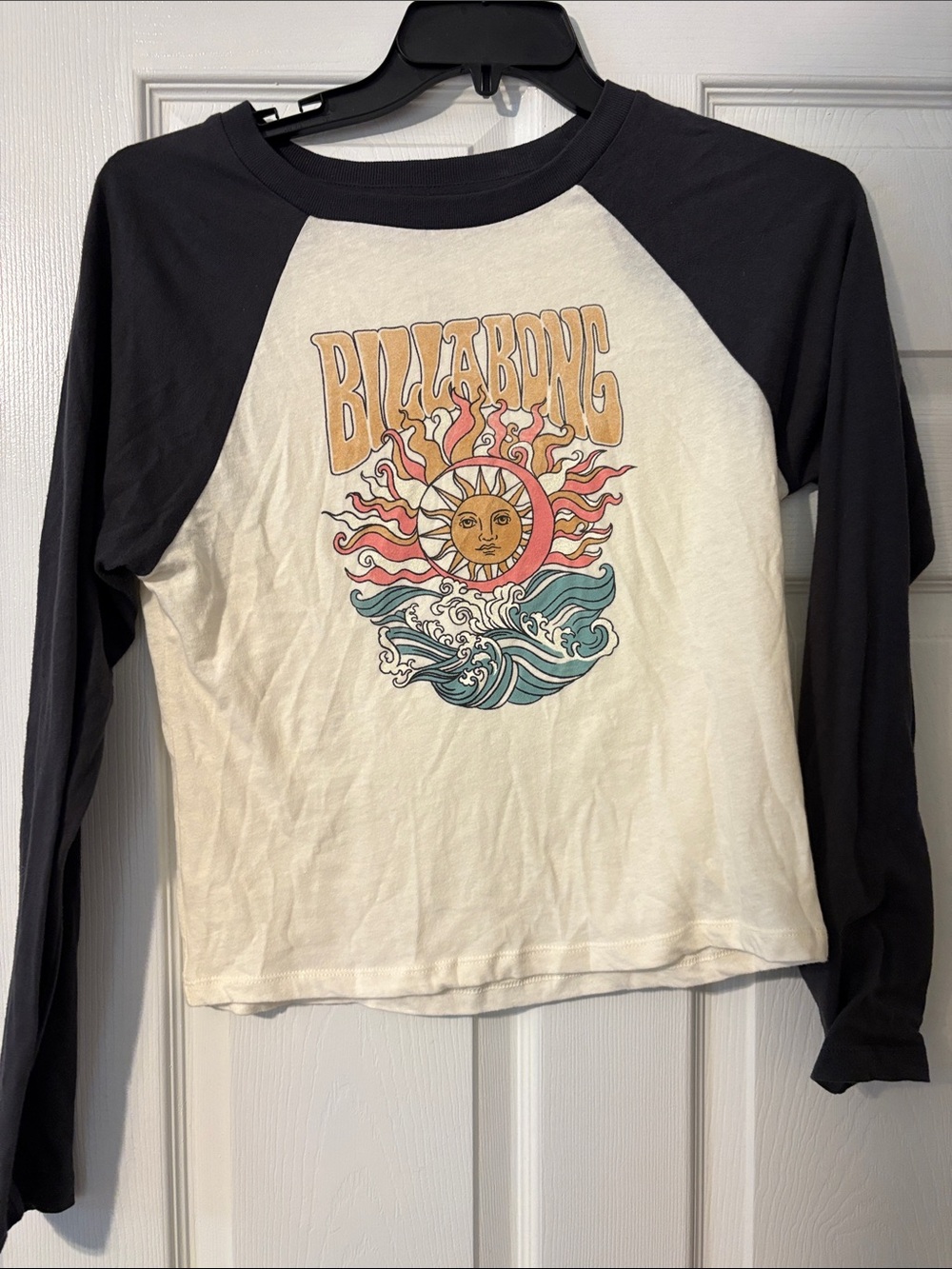 Billabong Black & White Raglan Long Sleeve Tee with Sun and Wave Graphic
